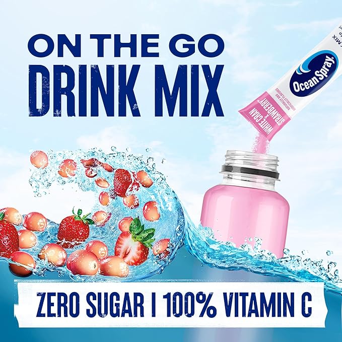 Ocean Spray® White Cran-Strawberry™ Zero Sugar Powder Drink Mix Packets with Real Cranberry Juice Powder, 100% Vitamin C, No Synthetic Dyes, Juicy Mixes (40ct)
