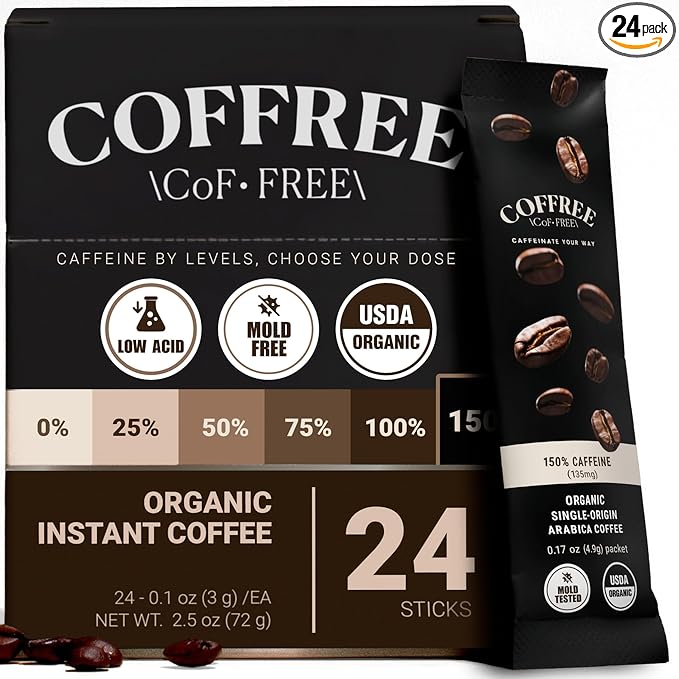 COFFREE Organic Instant Coffee Packets - 150% Extra Strong Dark Roast with Bold, Full-Bodied Taste - Low Acid, Mold Free Coffee Made with Arabica Coffee Beans - Hot or Cold Travel Packets 24 Pack Box