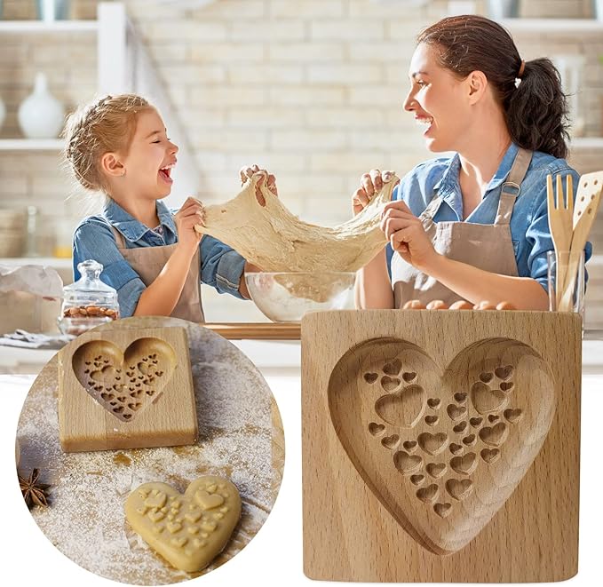 Wooden Cookie Biscuit Mold, 3D Baking Mold, Embossing Craft Decorating Baking Tool, Suitable for Halloween Thanksgiving Christmas Kitchen DIY (Love D 10 * 10 * 2)