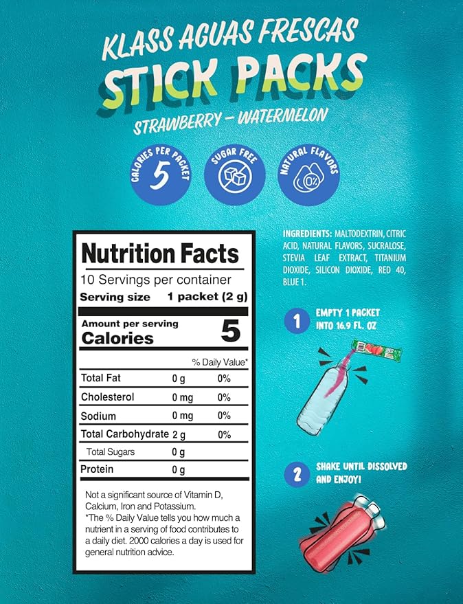 Klass Aguas Frescas | Drink Mix Strawberry Watermelon | Sugar Free! (40 Count Powder Stick Packs)