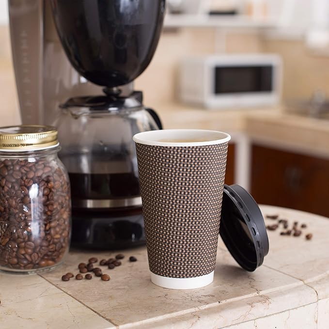 Promora Brown Disposable Coffee Cups With Lids 16 oz, Premium Insulated Paper Ripple Cups for Hot Coffee (80 Pack)