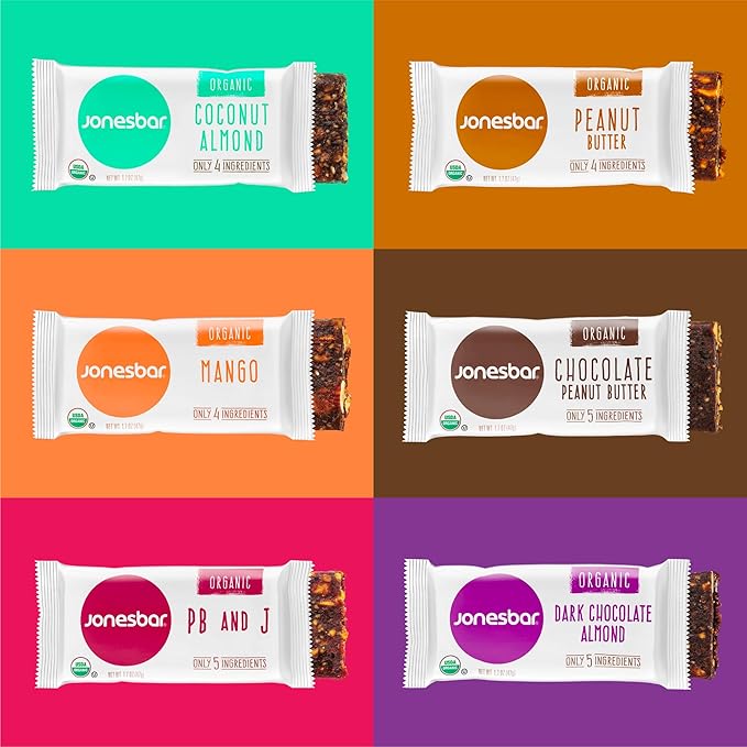 JONESBAR Organic Plant Based Protein Bars | 6 Flavor Variety Pack | Fruit & Nut Bar, Kosher, Gluten Free, Breakfast Bars, School Snacks, Vegan Snack & Healthy Snacks for Adults and Kids (Pack of 12)