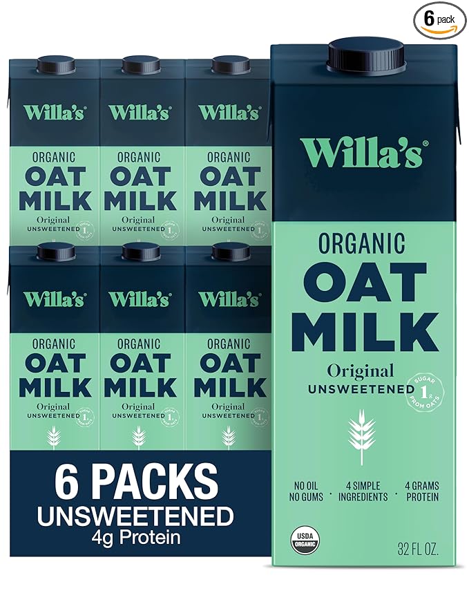 Willa's Organic Oat Milk - Unsweetened Original Oatmilk, Non-GMO, Shelf Stable, Low Sugar, Non-Dairy Vegan Milk, Made from Whole Oats, No Oil, No Gums, 32oz, Pack of 6