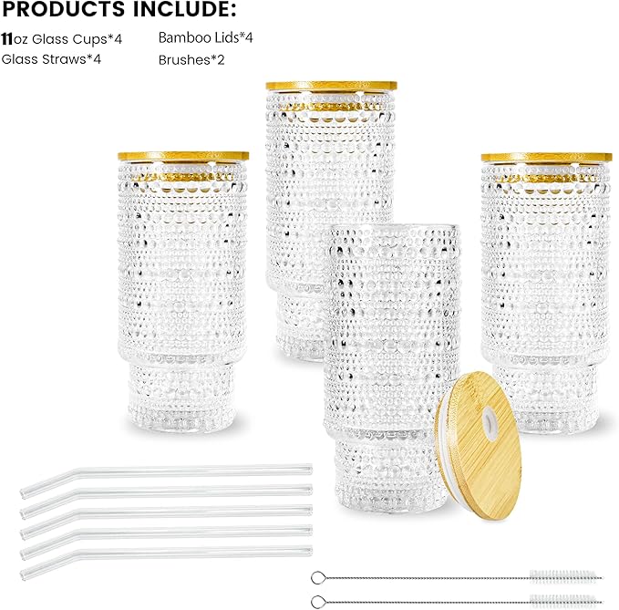 4 Pcs 11 oz Drinking Glasses Cups Set with Bamboo Lids Straws Brush Small Drinking Glassware Set for Juice Iced Coffee Cocktail Whiskey(Hobnail*4)