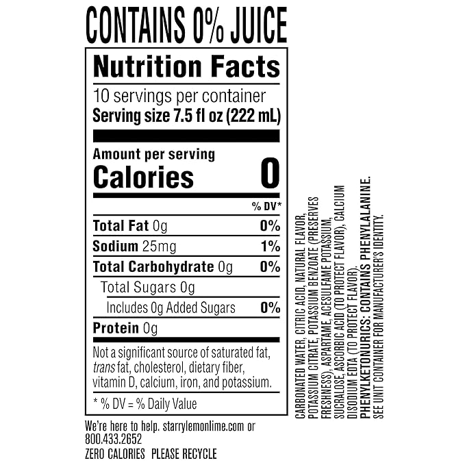 Starry Zero Sugar Lemon Lime Soda, Caffeine Free, Mini Cans, 7.5 Ounce (Two packs of 10)