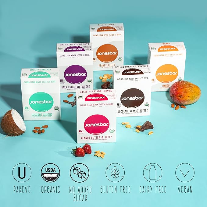 JONESBAR Organic Plant Based Protein Bars | 6 Flavor Variety Pack | Fruit & Nut Bar, Kosher, Gluten Free, Breakfast Bars, School Snacks, Vegan Snack & Healthy Snacks for Adults and Kids (Pack of 12)