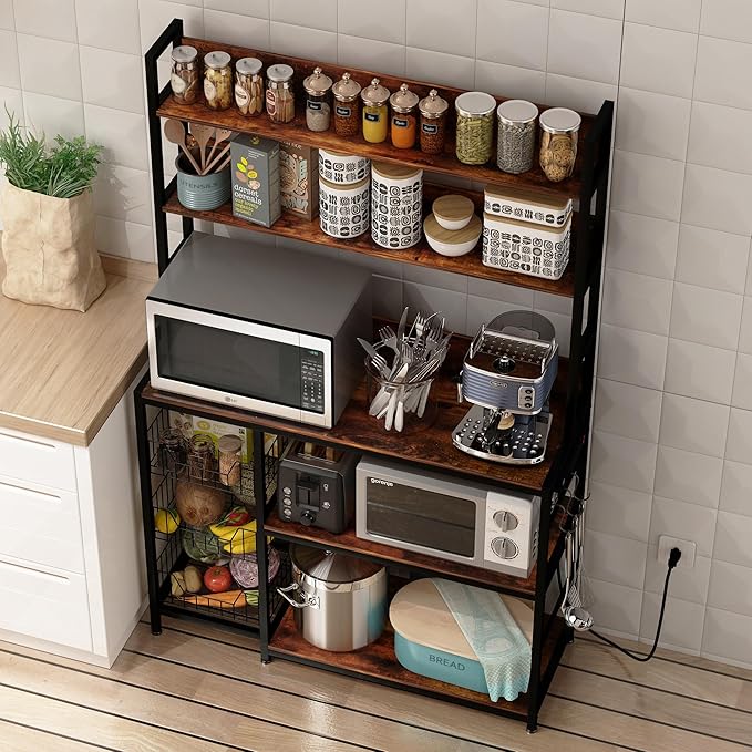 Bakers Rack with Baskets and Power Outlet, 5-Tier Kitchen Utility Storage Shelf with Hooks, Microwave Oven Stand Rack, Vintage Brown Free Standing Kitchen Shelf