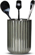 Ceramic Spoon Holder for Coffee Bar, Upright Tea Spoon Holder Cup, Coffee Stirrers Straws Stir Stick Holder, Cement Grey Fluted Surface
