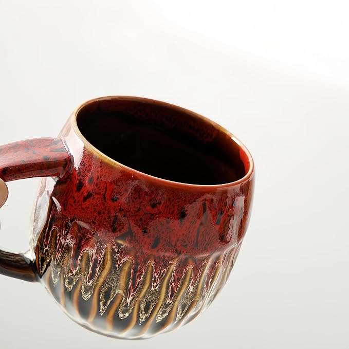 20oz Raku Glaze Coffee Mug - Unique Handcrafted Look Ceramic Cup, Large Tea Mug, Microwave & Dishwasher Safe (red)