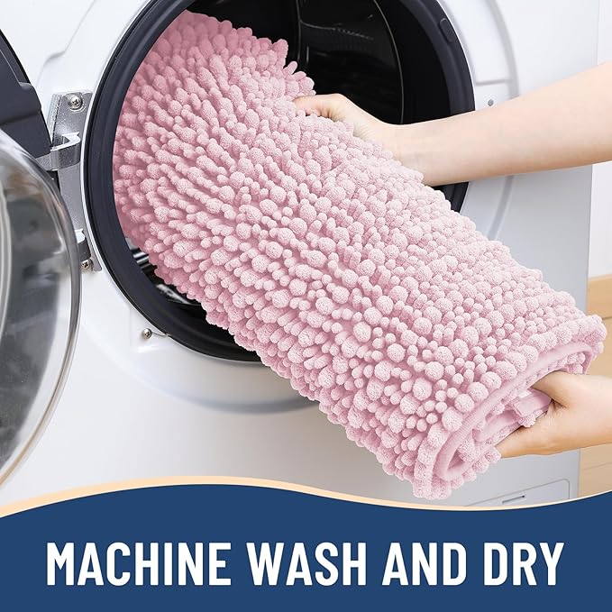 Arotive Luxury Chenille Bathroom Rug Mat, Extra Soft Thick Absorbent Shaggy Bath Rugs, Non-Slip Machine Wash Dry, Plush Bath Mats for Bathroom, Shower and Tub, 60x24, Pink