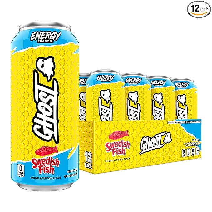 GHOST Energy Drink - 12-Pack, Swedish Fish, 16oz Cans - Energy & Focus & No Artificial Colors - 200mg of Natural Caffeine, L-Carnitine & Taurine - Gluten-Free & Vegan