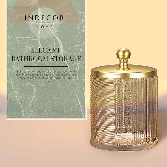 Glass Jar with Metal Lid for Bathroom Organization, Clear Apothecary Jar for Cotton Balls, Q Tips, and Small Accessories, Stylish Bathroom Storage Container Tan, Gold