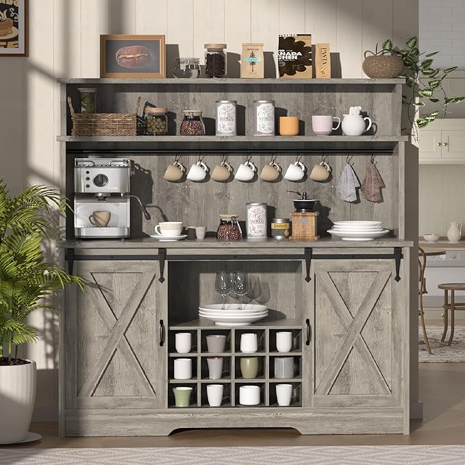 55'' Farmhouse Coffee Bar Cabinet with 3 Tier Storage Hutch, Coffee Bar Station with Sliding Barn Door, Hutch Storage Cabinet with 12 Wine Racks & 9 Hooks for Kitchen Dining Living Room