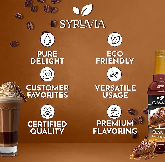 Syruvia Pecan Pie Syrup – 25.4 fl oz Syrup for Coffee, Lattes, Shakes, Smoothies, Desserts – 100% Vegan, Gluten Free, Kosher – Delicious Coffee Syrup