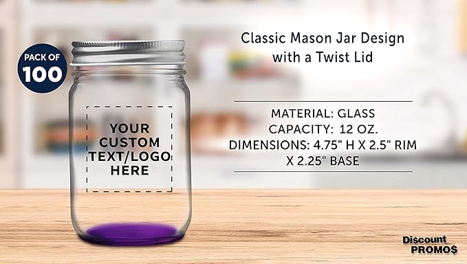 DISCOUNT PROMOS 100 Decorating Mason Jars Set, 12 oz. - Customizable Text, Logo - Canning, Aluminum Lid - Purple