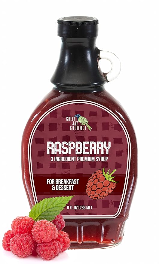Green Jay Gourmet Raspberry Syrup - 3 Ingredient Premium Breakfast Syrup with Fresh Raspberries, Cane Sugar & Lemon Juice - All-Natural, Non-GMO Pancake Syrup, Waffle Syrup & Dessert Syrup - 8 Ounces