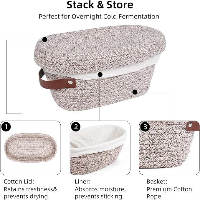 Stackable Cotton Banneton Proofing Basket Set, With Pro Sourdough Aliquot Jar for Rise Tracking – 2-Pack Bread Baskets (Round + Oval), Sourdough Baking Kit for Home Bakers