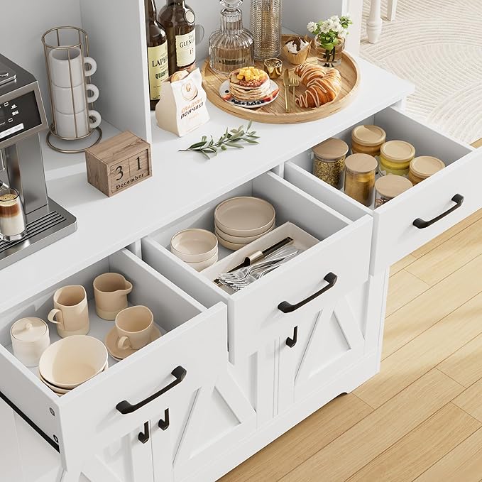 HOSTACK Buffet Cabinet with Hutch, Modern Farmhouse Kitchen Buffet Sideboard Storage with 3 Drawers, Barn Door Coffee Bar Station, Liquor Cabinet for Dining Room, Living Room, White