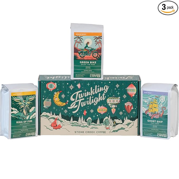 Stone Creek Coffee Twinkling Twilight Box (Dark, Medium, and Light Roast, 8 Oz) – Whole Bean Coffee Sampler, Holiday Limited-Edition Gift Set, Juicy, Balanced and Bold Roasted Coffee Beans