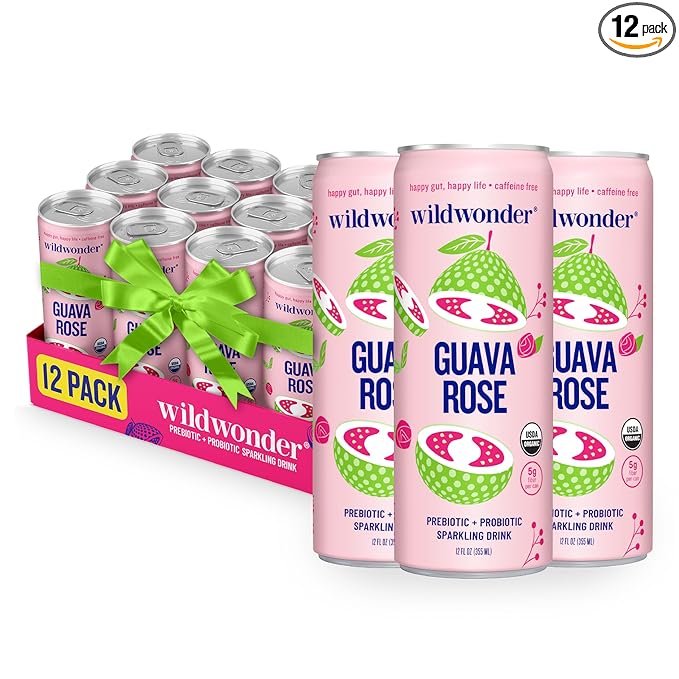 wildwonder Sparkling Probiotic Drink 12pk, For Gut Health & Immune Support, Guava Rose, 5g Prebiotic Fiber, Live Probiotics, Organic, Vegan, Low Sugar, 12 Pack, 12oz Can, As Seen on Shark Tank