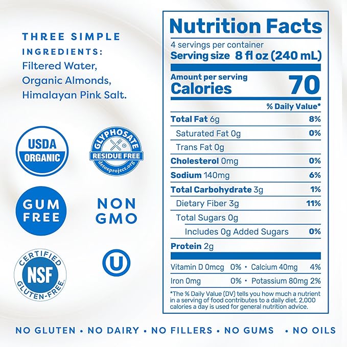 MALK Almond Milk Unsweetened (32oz, Pack of 6) - Shelf Stable Organic Almond Milk, Non GMO, Whole 30, Dairy Free, Vegan, Plant Based, No Gums or Fillers - Malk for Smoothies, Cereal, Coffee,Creamer