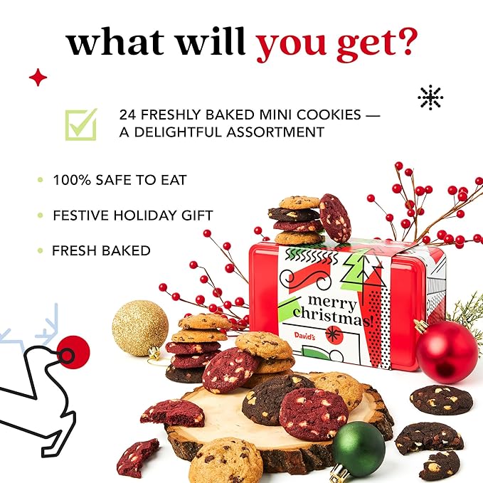 David's Cookies Merry Christmas Mini Cookies in Sweet Sampler Tin - Assorted Mini Christmas Cookies with Chocolate & White Chocolate Chip and Red Velvet - Gourmet Cookie Gift Basket for Holidays 14oz