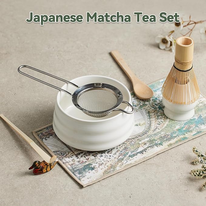 Japanese matcha set, matcha whisk and bowl, matcha sieve, matcha whisk holder, and matcha spoon - 8pcs Matcha Set (white)