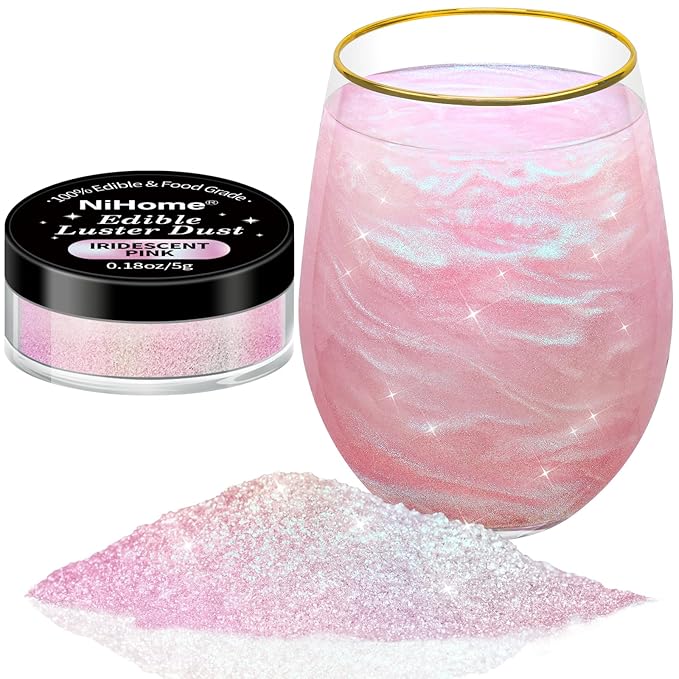 NiHome 0.18oz/5g Edible Food-Grade Glimmer Powder Glitter Luster Dust Metallic Food Decorating Sprinkle Dust for Drink Wine Beverage Cake Candy Dessert Bakery Restaurant Vegan (Iridescent Pink)