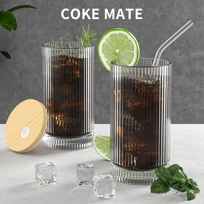 15 Oz Glass Cups with Lid and Straw, Iced Coffee Cups with Lid, Vintage Glassware for Whiskey Cocktail Beer (4 PACK)