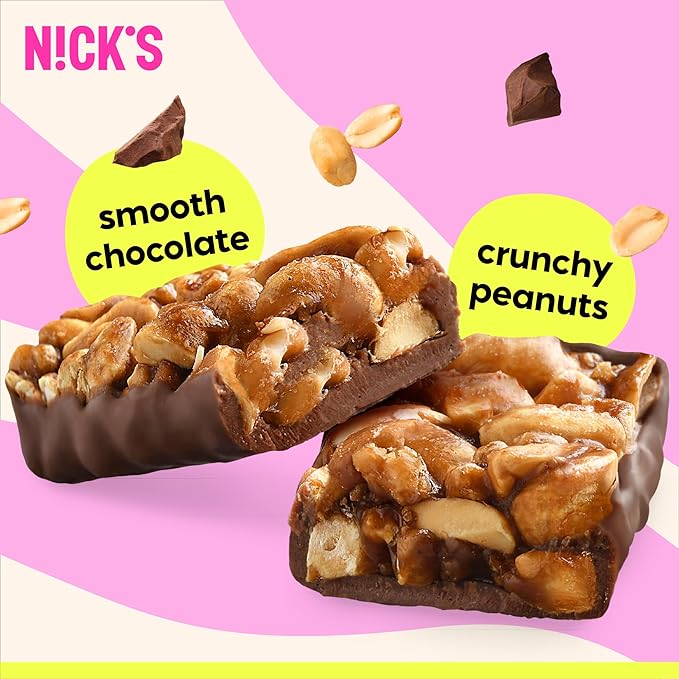 NICK'S Peanut Chocolate Snack Bar, Keto Nut Snack for Sports, Hiking, Gaming, Outdoor Activities, 1G sugar, 3G net carbs, healthy snack, (pack of 30)