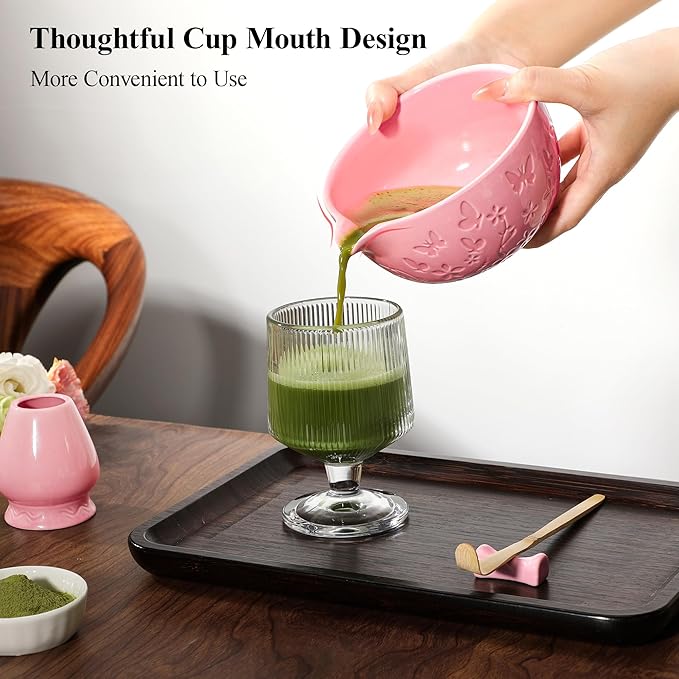 Matcha Whisk Set 7 PCS Matcha Bowl, Matcha Whisk and Holder, Bamboo Scoop and Scoop Rest, Stainless Sifter and Tea Towel Ceramic Matcha Set Japanese Matcha Kit for Matcha Lovers Pink