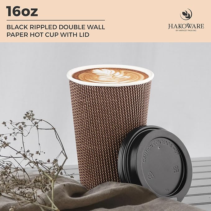 [340 SET]Harvest Pack 16 oz Disposable Coffee Cups, Insulated Ripple Double-Walled Paper Cups with Lids, Brown Geometric, Bulk Drinking Cups for Tea Hot Chocolate Drinks To go coffee cups