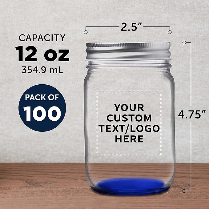 DISCOUNT PROMOS 100 Decorating Mason Jars Set, 12 oz. - Customizable Text, Logo - Canning, Aluminum Lid - Blue