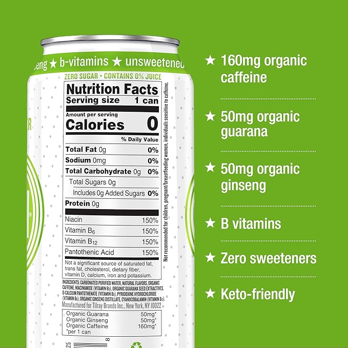 Hiball Clean Energy Drink - Lemon Lime - Zero Sugar, Zero Calorie Sparkling Water with 160mg Organic Caffeine, 50mg Organic Ginseng, 50mg Organic Guarana - 16 fl oz (8-Pack)