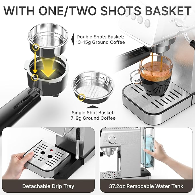 Espresso Machine with Steam Milk Frother,20 Bar Stainless Steel Coffee Maker for Latte & Cappuccino,Detachable Water Tank/Drip Tray, Hot Water Function for Home & Office Use