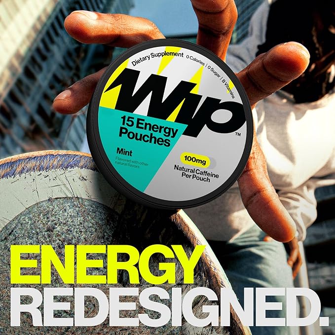 Wip Energy Pouches | 100mg Natural Caffeine | Vitamins and Minerals | Mint | 15 Pouches Per Can | 3 Cans