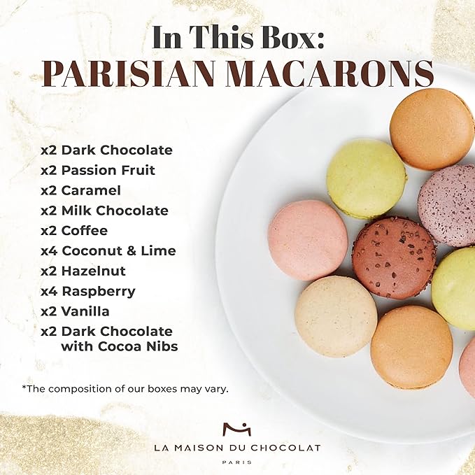 La Maison Du Chocolat Premium Macaron Gift Box - 24pcs Gourmet French Dark Chocolate Filling with Shells in Assorted Flavors