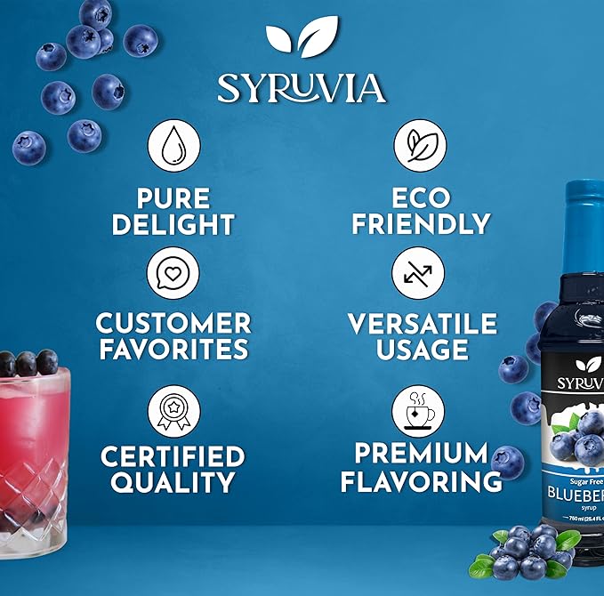 Syruvia Sugar-Free Blueberry Syrup, Flavored Syrup for Drinks, Cocktails, Lemonades, Iced Teas, and Desserts – 25.4 fl oz