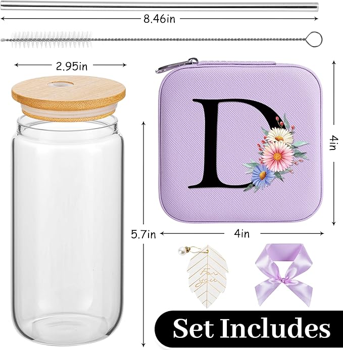 AYGXU Graduation Gifts for girls,teacher appreciation gifts for women,high school Graduation gifts for her,Small Jewelry Travel Case,16oz glass cups with lids and straws,Initial D purple
