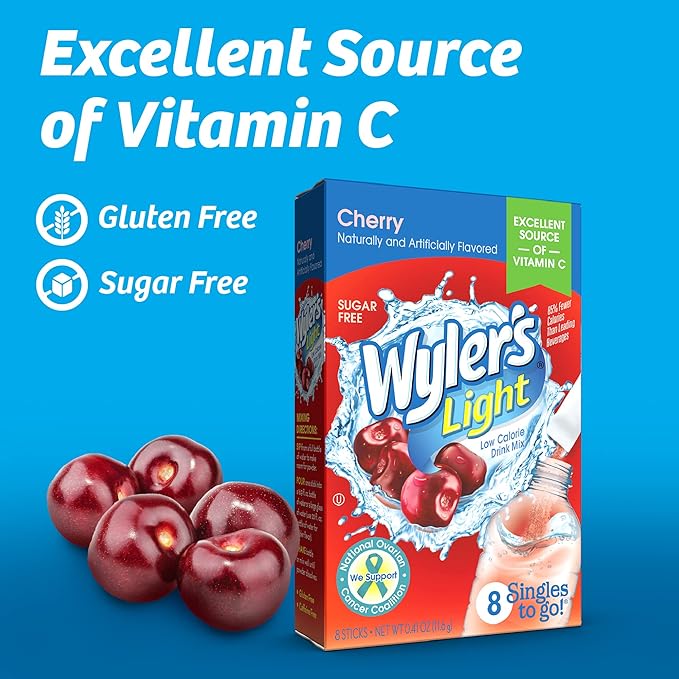 Wyler's Light Singles To Go Powder Packets, Water Drink Mix, Cherry, 96 Single Servings (Pack of 12)