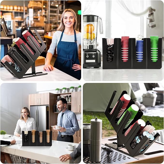 Coffee Cup and Lid Holder Organizer,Adjustable Dispenser with Coffee Pod and Straw Storage Basket, Disposable Cup Holder for Countertop