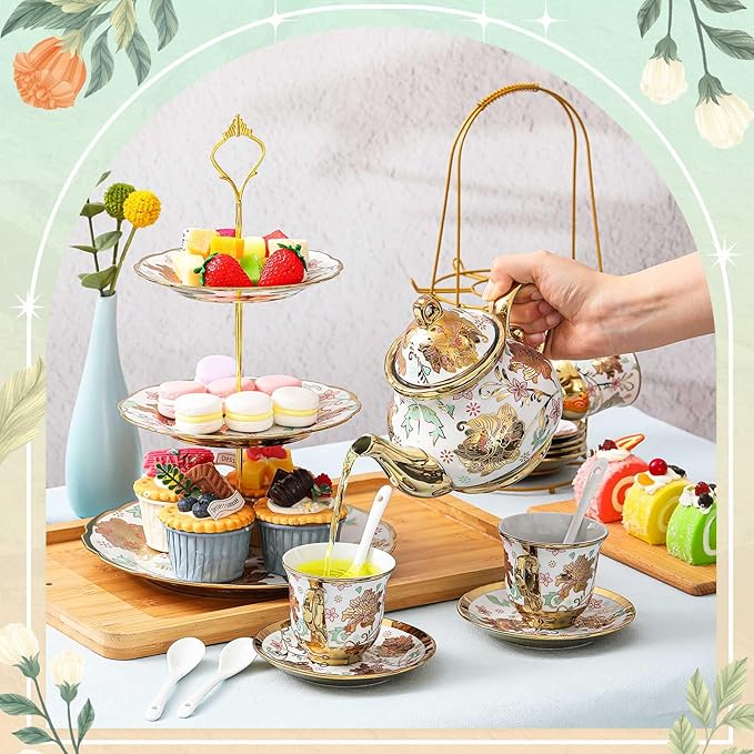 Maxcheck 21 Pcs Tea Party Set for Adults European Floral Tea Set with Metal Holder and 3 Tier Ceramic Cake Stand Porcelain Flower Cup Teapot for Dessert Cupcake(Classic Style)