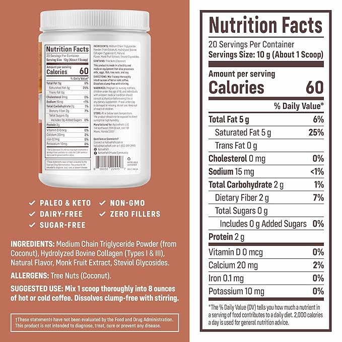 NativePath Keto Coffee Creamer Powder Vanilla Chai — Keto-Friendly, Non-Dairy & Low Sugar Creamer. Made with Grass-fed Collagen Protein Powder, MCT Oil & Monk Fruit. Soy & Gluten Free (7.1 OZ)