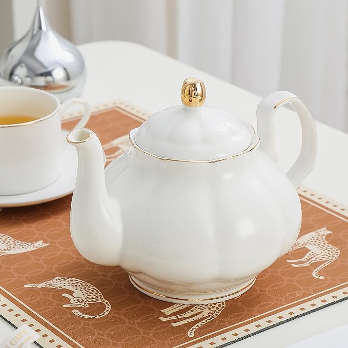 27oz White Porcelain Teapot with Gold Trim, Classic Ceramic Teapot for Loose Leaf Tea & Tea Bags, Elegant Small Teapots for Daily Use or Gifts