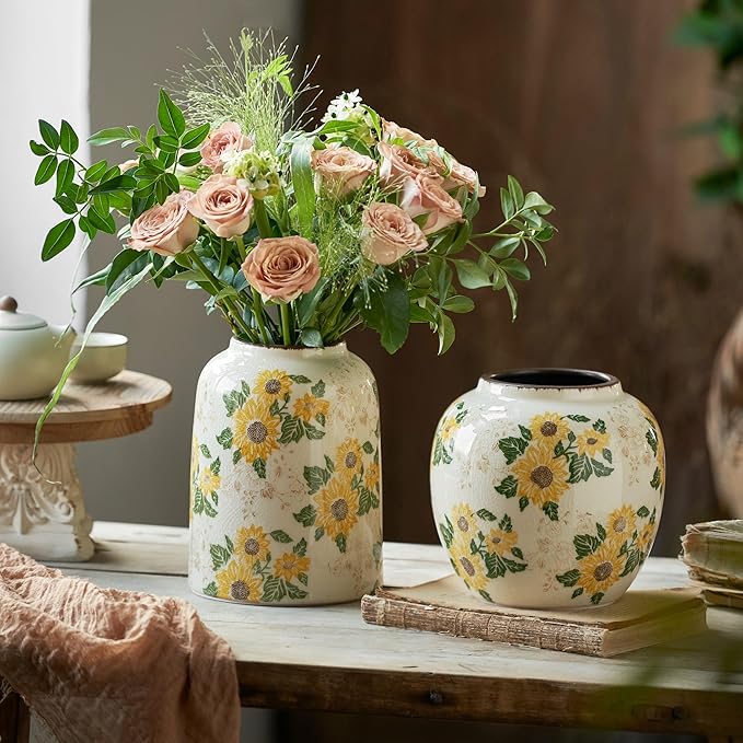 Round Pastoral Ceramic Vase, 6.3 Inch Chinoiserie Sunflower Yellow Floral Vases, Retro Ice Cracked Rustic Antique Flower Vases for Rustic Living Room Home Decor (Large Round)
