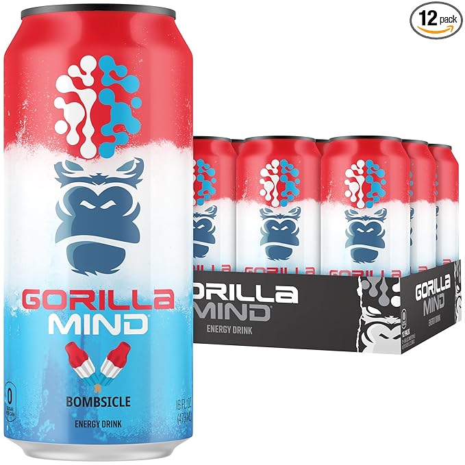 Gorilla Mind Energy Drink | Unmatched Energy · Amplified Focus | N-Acetyl-L-Tyrosine, Alpha-GPC, 200mg Caffeine, Uridine, Saffron | 0 Sugar Or Artificial Colors | 16oz, 12-Pack (Bombsicle)