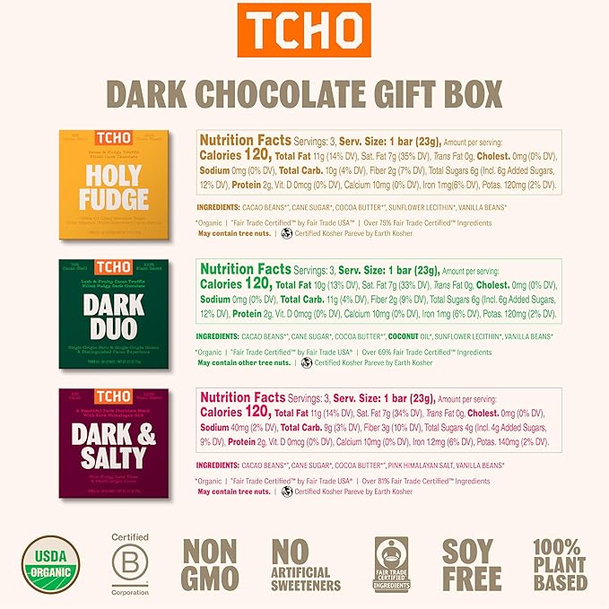 TCHO Dark Chocolate Gift Box - Organic Dark Chocolate Bars - Vegan, Paleo-Friendly, Gluten-Free, Soy-Free, Handcrafted Pure Cacao - Perfect for Gifting - 6 Bars