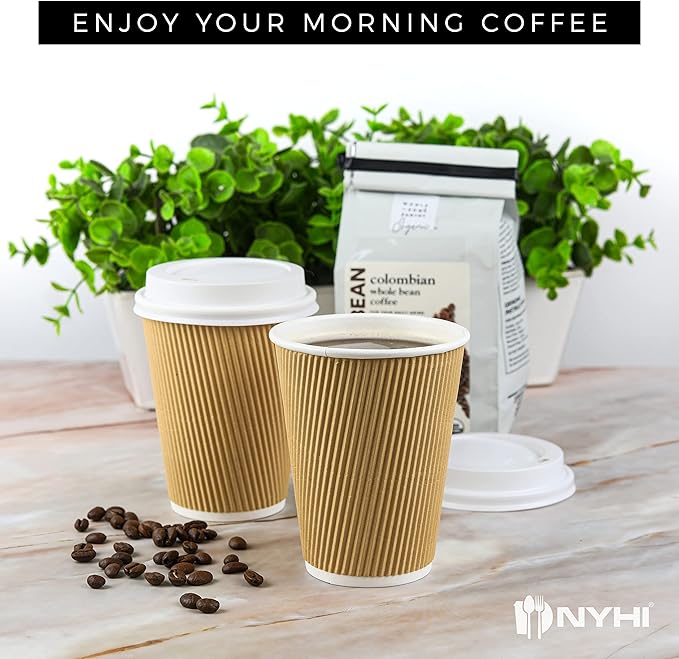 NYHI 100 10 oz Ripple Kraft Paper Cups Brown Hot Cold 3 Layer Rippled Small Insulated Disposable Coffee Cups for Cappuccino Hot Cocoa or Iced Drinks