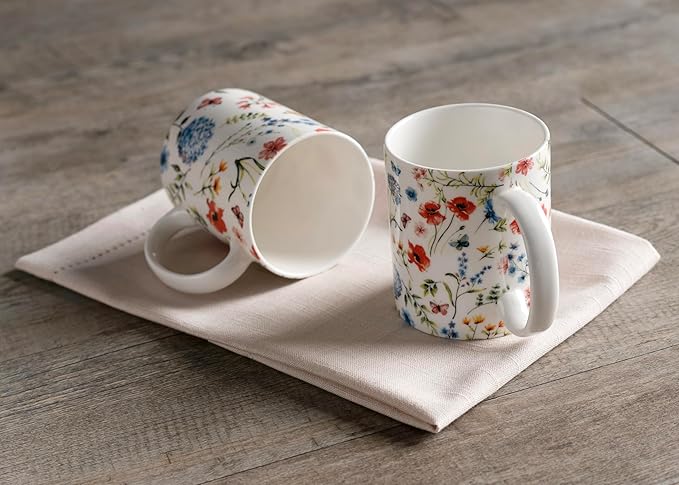Maison d' Hermine Coffee Mug with Handles Fine Bone China Mugs Pack of Two Tea Cups for Hot Beverages Cappuccino Latte Home Restaurant Office Perfect for Gift (Just Floral, 12 Ounce)