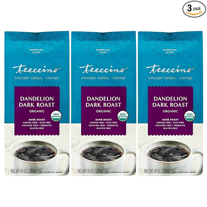 Teeccino Dandelion Dark Roast Herbal Coffee - Caffeine-Free Coffee Alternative with Prebiotics, Gluten Free, Acid Free, Organic - 10 oz (Pack of 3)
